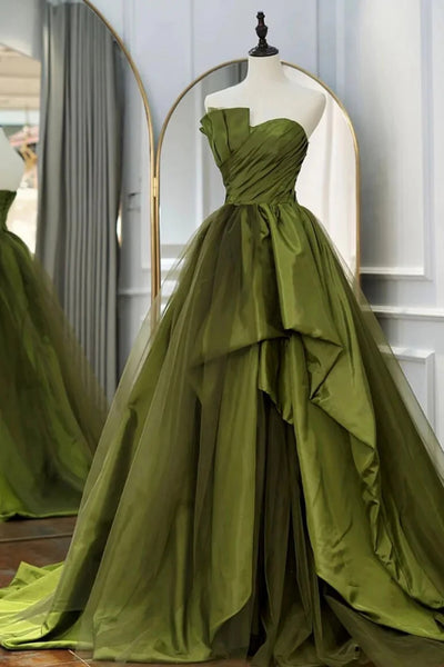 Green Satin A Line Asymmetrical Strapless Long Prom Dresses with Ruffles, Long Green Formal Graduation Evening Dresses WT1326