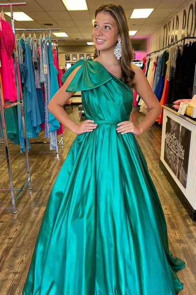 Green Satin A Line One Shoulder Long Prom Dresses, Green Formal Graduation Evening Dresses WT1601