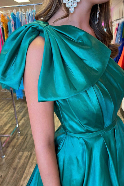 Green Satin A Line One Shoulder Long Prom Dresses, Green Formal Graduation Evening Dresses WT1601