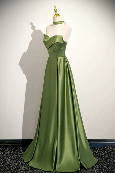 Green Satin A Line Strapless Long Prom Dresses, Green Formal Graduation Evening Dresses WT1681