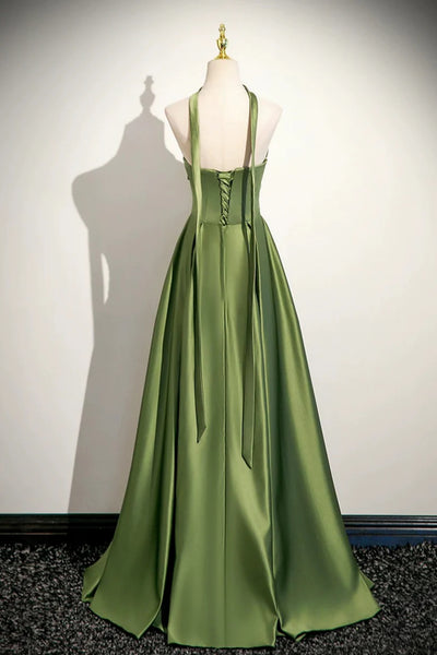 Green Satin A Line Strapless Long Prom Dresses, Green Formal Graduation Evening Dresses WT1681
