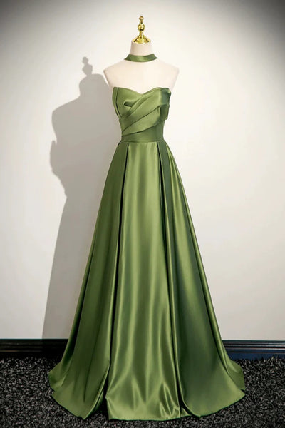 Green Satin A Line Strapless Long Prom Dresses, Green Formal Graduation Evening Dresses WT1681
