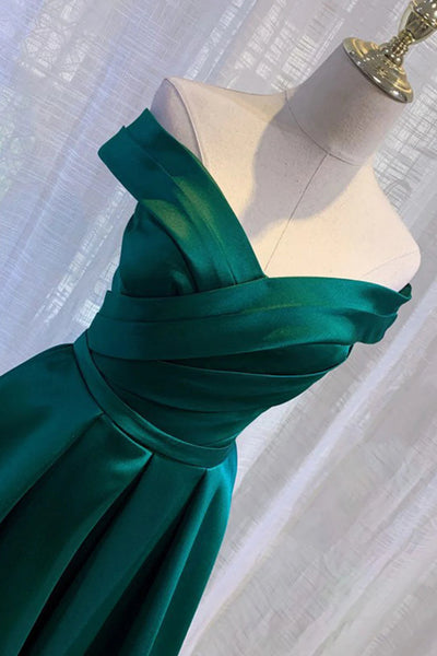 Green Satin Off the Shoulder Long Prom Dresses, A Line Green Formal Graduation Evening Dresses WT1572