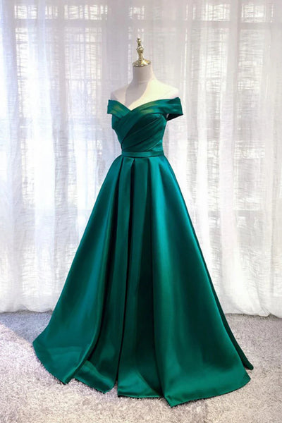 Green Satin Off the Shoulder Long Prom Dresses, A Line Green Formal Graduation Evening Dresses WT1572