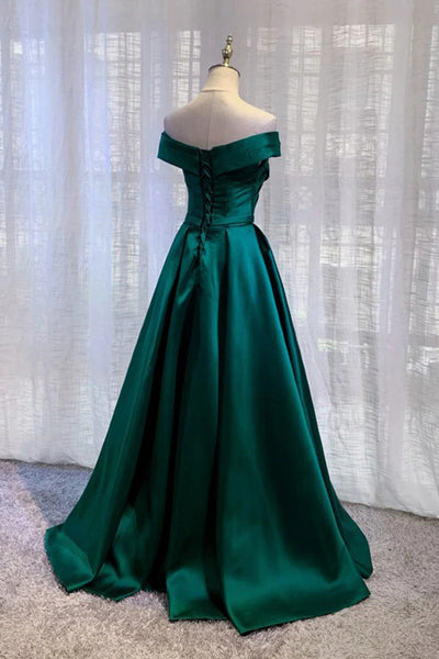 Green Satin Off the Shoulder Long Prom Dresses, A Line Green Formal Graduation Evening Dresses WT1572