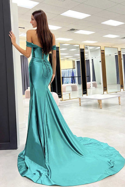 Green Satin Off the Shoulder Mermaid Long Prom Dresses with High Slit, Mermaid Green Formal Dresses, Green Evening Dresses with Train WT1339