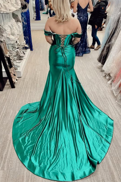 Green Satin Off the Shoulder Mermaid Long Prom Dresses with Slit, Mermaid Green Formal Dresses, Green Evening Dresses WT1709