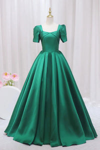 Green Satin Short Sleeves Long Prom Dresses, Long Green Formal Graduation Evening Dresses WT1288