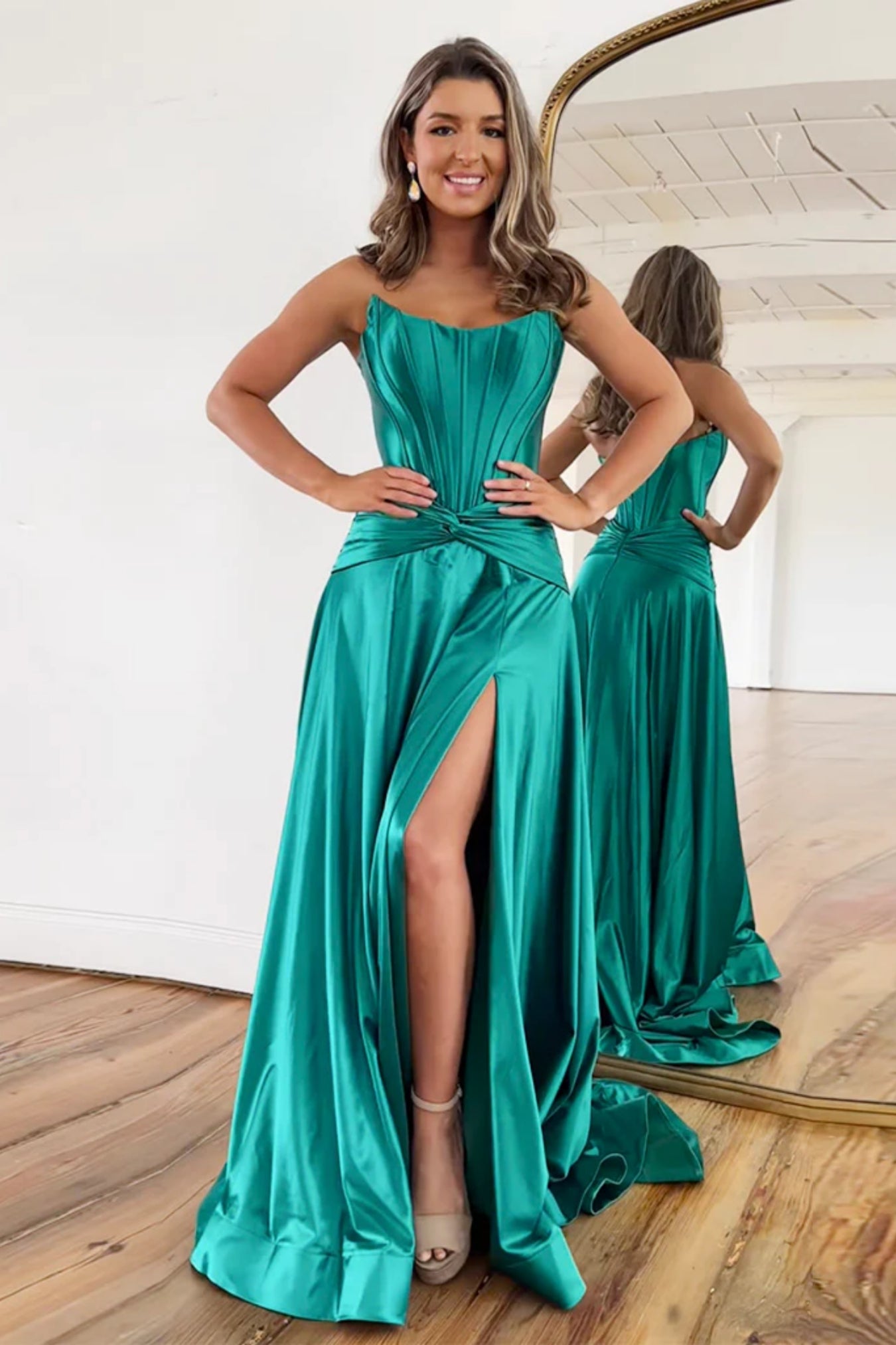 Green Satin Strapless Mermaid Long Prom Dresses with High Slit, Mermaid Green Formal Dresses, Green Evening Dresses WT1409