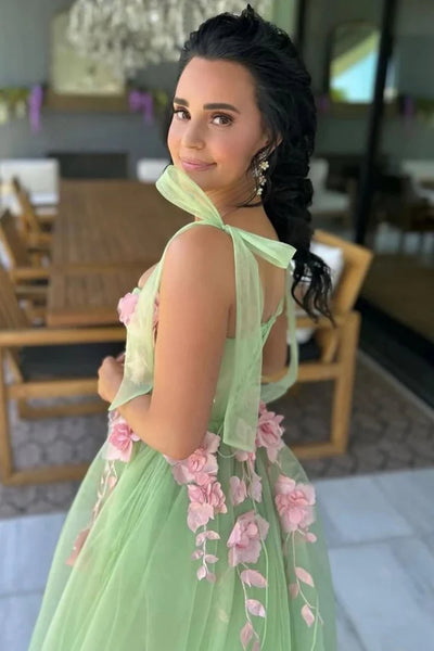 Green Tulle A Line Open Back Long Prom Dresses with 3D Flowers, Green Formal Graduation Evening Dresses WT1713