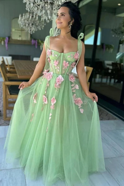Green Tulle A Line Open Back Long Prom Dresses with 3D Flowers, Green Formal Graduation Evening Dresses WT1713