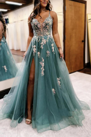 Green Tulle A Line V Neck Backless Long Prom Dresses with Appliques, Green Lace Formal Dresses, Green Evening Dresses with High Slit WT1460