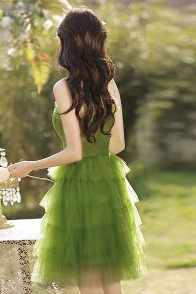 Green Tulle Elegant A Line Sweetheart Neck Layered Short Prom Dresses, Short Green Homecoming Dresses WT1641
