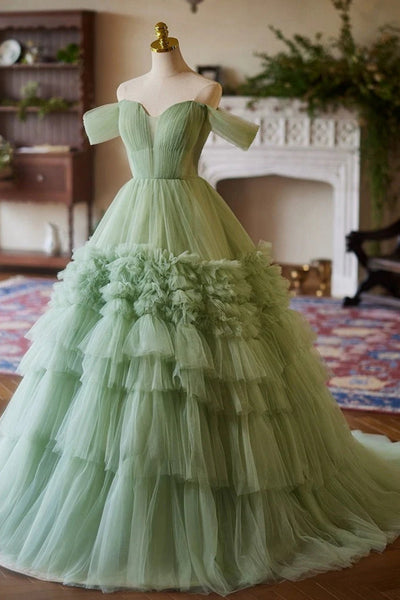 Green Tulle Off Shoulder Layered Long Prom Dresses, Off the Shoulder Formal Evening Dresses, Green Ball Gown WT1533