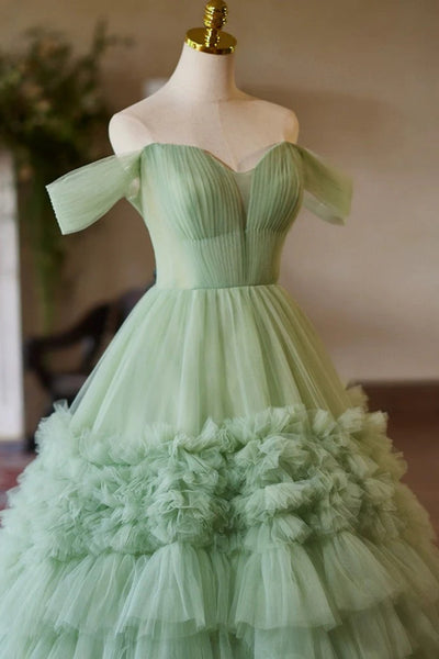 Green Tulle Off Shoulder Layered Long Prom Dresses, Off the Shoulder Formal Evening Dresses, Green Ball Gown WT1533