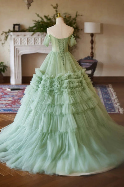 Green Tulle Off Shoulder Layered Long Prom Dresses, Off the Shoulder Formal Evening Dresses, Green Ball Gown WT1533