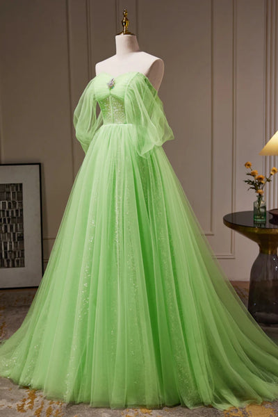 Green Tulle Off the Shoulder Long Prom Dresses, Elegant Green Formal Graduation Evening Dresses WT1316