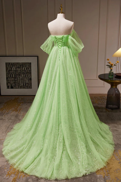 Green Tulle Off the Shoulder Long Prom Dresses, Elegant Green Formal Graduation Evening Dresses WT1316