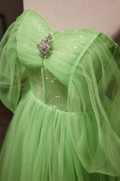 Green Tulle Off the Shoulder Long Prom Dresses, Elegant Green Formal Graduation Evening Dresses WT1316