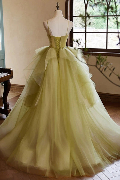 Green Tulle Off the Shoulder Open Back Long Prom Dresses, Green Tulle Formal Evening Dresses, Ball Gown WT1585