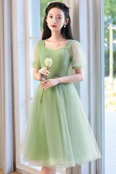 Green Tulle Short Sleeves Prom Dresses with Belt, Short Green Formal Graduation Evening Dresses, Green Homecoming Dresses WT1360