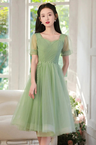 Green Tulle Short Sleeves Prom Dresses with Belt, Short Green Formal Graduation Evening Dresses, Green Homecoming Dresses WT1360