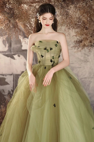 Green Tulle Strapless Floor Length Long Prom Dresses with Appliques, Long Green Formal Graduation Evening Dresses WT1563