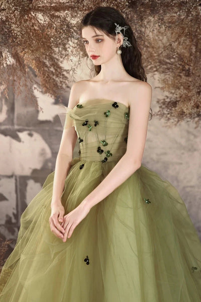Green Tulle Strapless Floor Length Long Prom Dresses with Appliques, Long Green Formal Graduation Evening Dresses WT1563