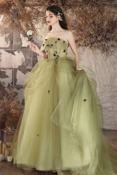 Green Tulle Strapless Floor Length Long Prom Dresses with Appliques, Long Green Formal Graduation Evening Dresses WT1563