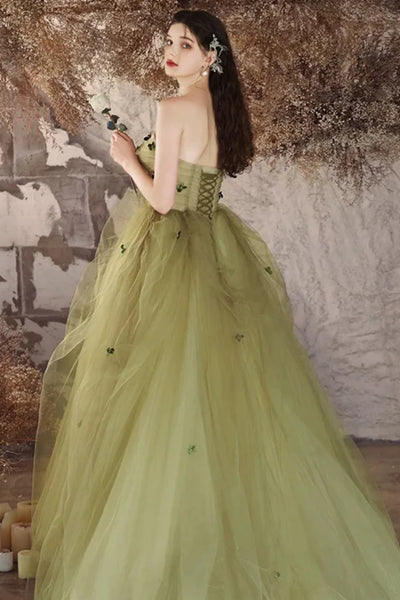 Green Tulle Strapless Floor Length Long Prom Dresses with Appliques, Long Green Formal Graduation Evening Dresses WT1563