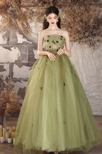 Green Tulle Strapless Floor Length Long Prom Dresses with Appliques, Long Green Formal Graduation Evening Dresses WT1563