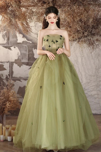 Green Tulle Strapless Floor Length Long Prom Dresses with Appliques, Long Green Formal Graduation Evening Dresses WT1563