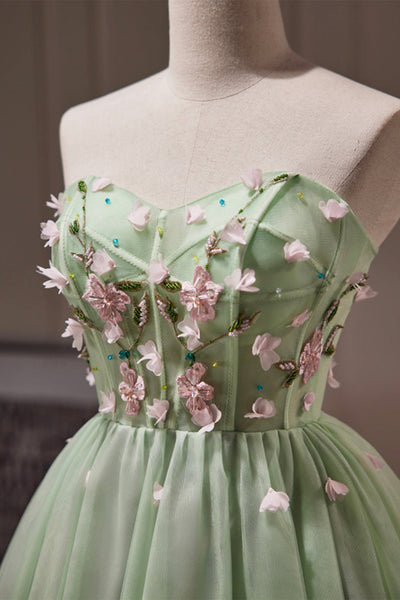 Green Tulle Strapless Floral Prom Dresses, Short Green Homecoming Dresses with Flowers, Green Floral Formal Evening Dresses WT1251