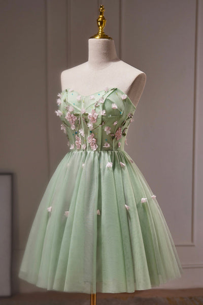 Green Tulle Strapless Floral Prom Dresses, Short Green Homecoming Dresses with Flowers, Green Floral Formal Evening Dresses WT1251