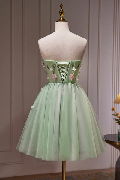 Green Tulle Strapless Floral Prom Dresses, Short Green Homecoming Dresses with Flowers, Green Floral Formal Evening Dresses WT1251