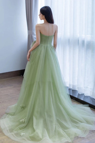 Green Tulle Strapless Long Prom Dresses with Flowers, Green Tulle Formal Graduation Evening Dresses WT1377