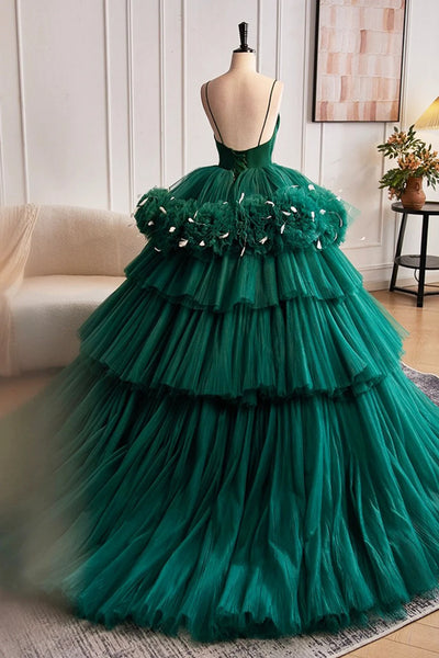 Green V Neck Open Back Layered Tulle Long Prom Dresses, Green Formal Evening Dresses, Ball Gown WT1422