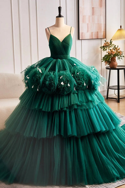 Green V Neck Open Back Layered Tulle Long Prom Dresses, Green Formal Evening Dresses, Ball Gown WT1422