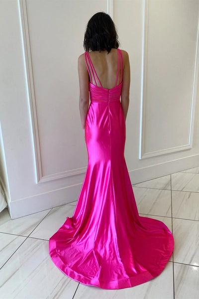 Hot Pink Satin V Neck Mermaid Long Prom Dresses, Mermaid Hot Pink Formal Dresses, Long Hot Pink Evening Dresses WT1306