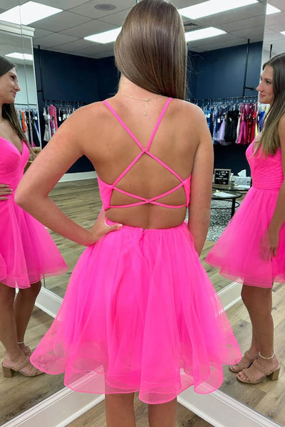 Hot Pink V Neck Open Back Tulle Short Prom Dresses, Hot Pink Tulle Homecoming Dresses, Short Formal Evening Dresses WT1287