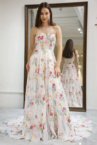 Ivory A Line Strapless Sweep Train Tulle Prom Dresses with Embroidery, Long Formal Evening Dresses with Appliques WT1492