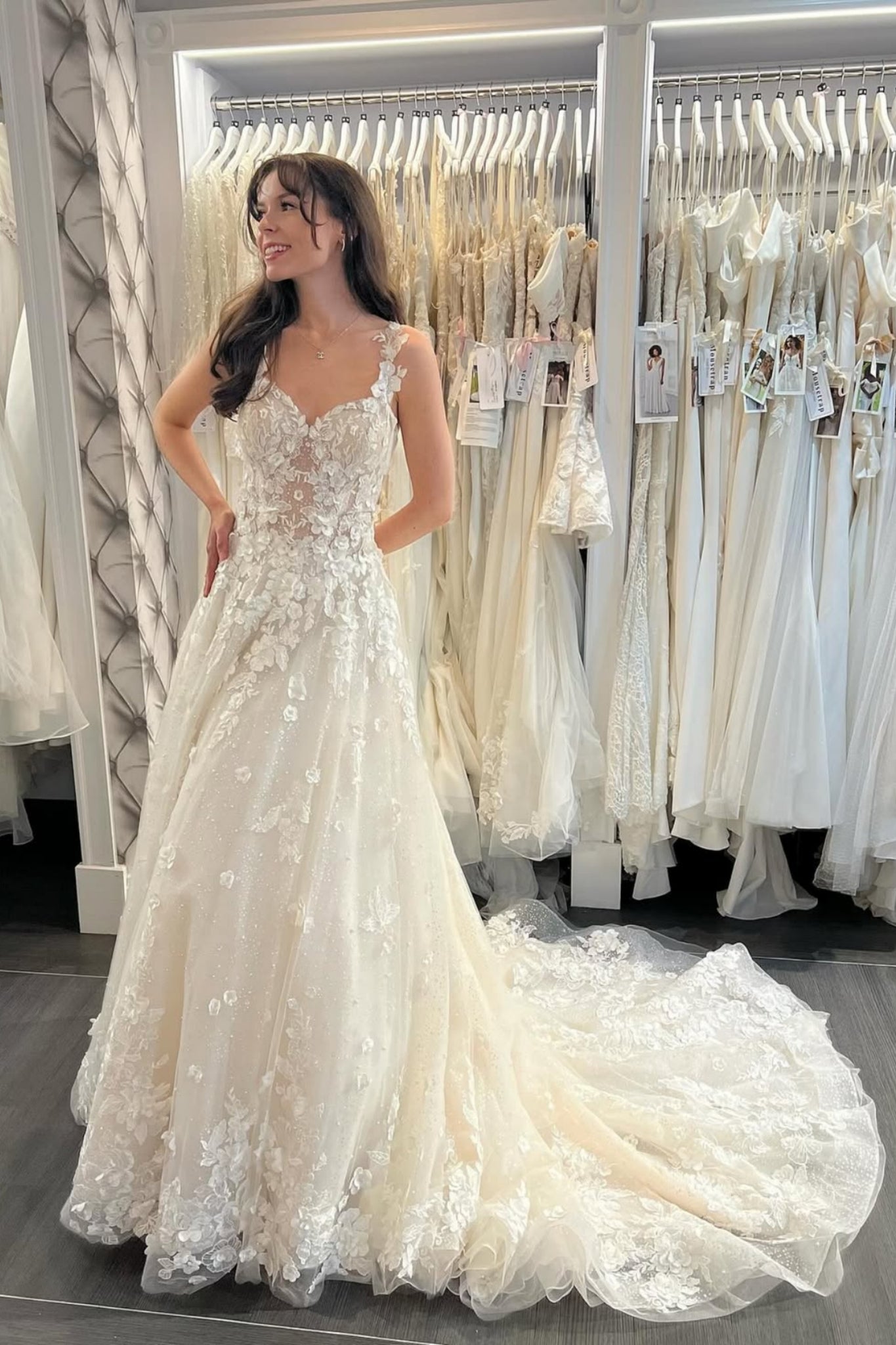 Ivory A Line V Neck Lace Long Prom Dresses with Train, Ivory Lace Wedding Dresses, White Formal Evening Dresses WT1699