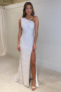 Ivory Sequins One Shoulder Mermaid Long Prom Dresses with High Split, Mermaid Ivory Formal Dresses, Ivory Evening Dresses WT1405