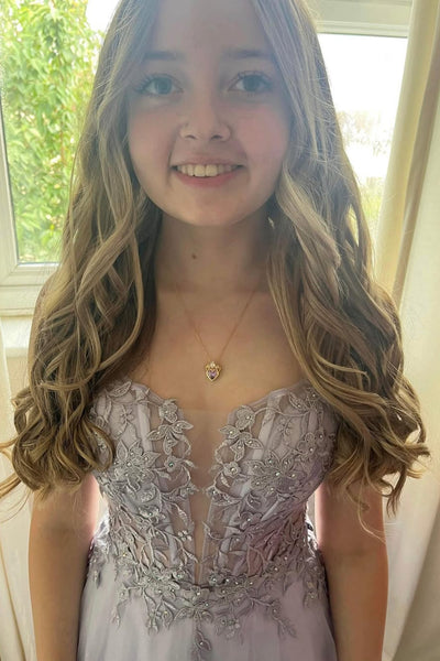 Lavender Tulle A Line V Neck Lace Long Prom Dresses, Lavender Lace Formal Graduation Evening Dresses WT1717