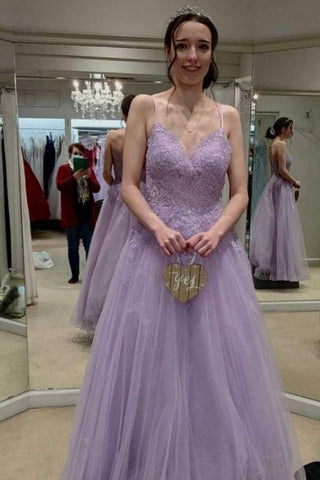 Lavender Tulle A Line V Neck Lace Long Prom Dresses, Long Lavender Lace Formal Graduation Evening Dresses WT1341