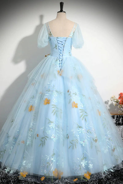 Light Blue Half Sleeves Long Prom Dresses with Appliques, Half Sleeves Blue Formal Evening Dresses, Blue Ball Gown WT1385