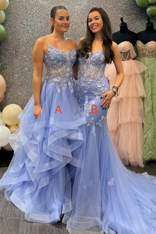 Light Blue Lace Fluffy Long Prom Dresses, Mermaid Light Blue Lace Formal Evening Dresses with Train WT1698