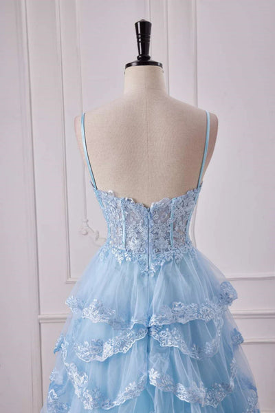 Light Blue Lace V Neck Open Back Layered Long Prom Dresses with Side Split, Light Blue Lace Formal Evening Dress WT1389