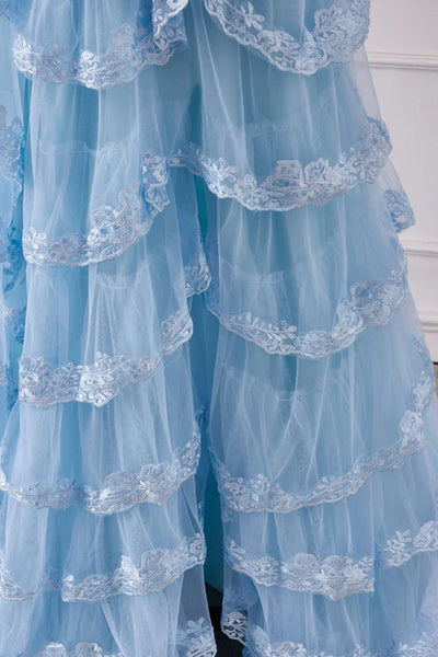 Light Blue Lace V Neck Open Back Layered Long Prom Dresses with Side Split, Light Blue Lace Formal Evening Dress WT1389