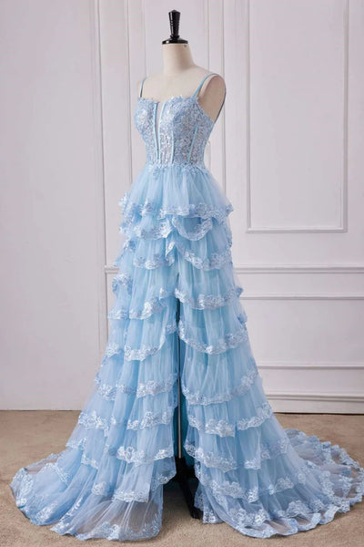 Light Blue Lace V Neck Open Back Layered Long Prom Dresses with Side Split, Light Blue Lace Formal Evening Dress WT1389